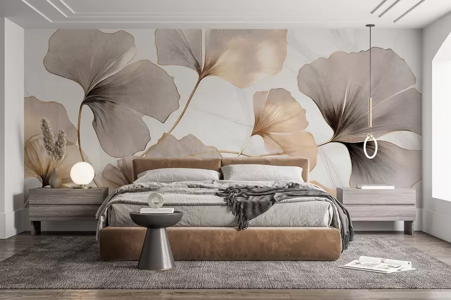 Fototapeta Liście miłorzębu japońskiego w odcieniach beżu, żółci i brązu, delikatny efekt akwareli, jasne tło w09215