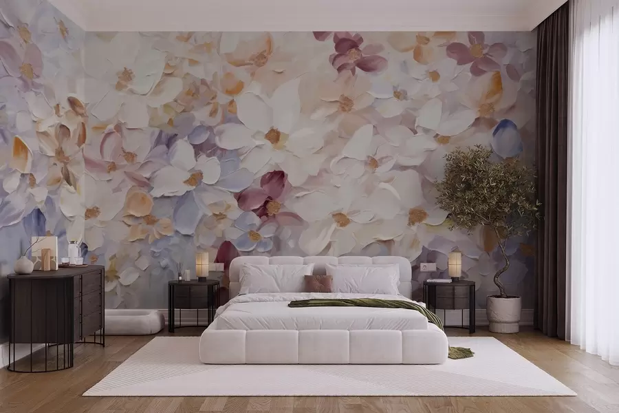 Fototapeta Obraz olejny imitujący ogród kwiatowy z białymi, różowymi i pomarańczowymi kwiatami, miękkie pociągnięcia pędzla, pastelowe stonowane kolory w09236