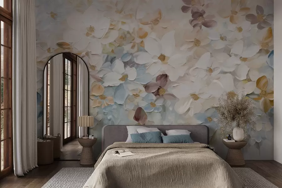 Fototapeta Obraz olejny imitujący ogród kwiatowy z białymi, niebieskimi i pomarańczowymi kwiatami, miękkie pociągnięcia pędzla, pastelowe stonowane kolory w09236v1