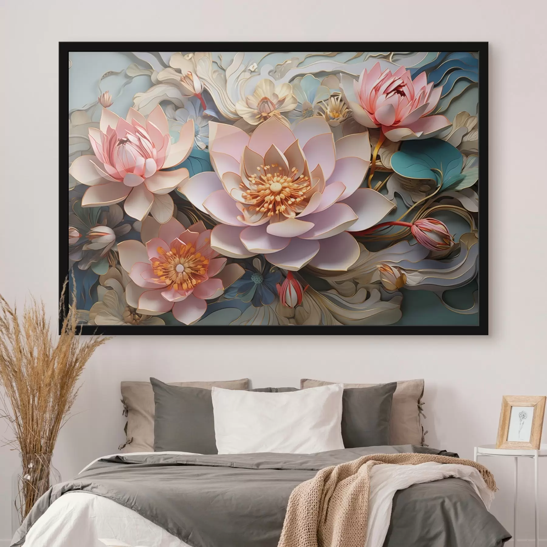 Fototapeta Różowo-pomarańczowe lotosy w stylu rysunku 3D f44934