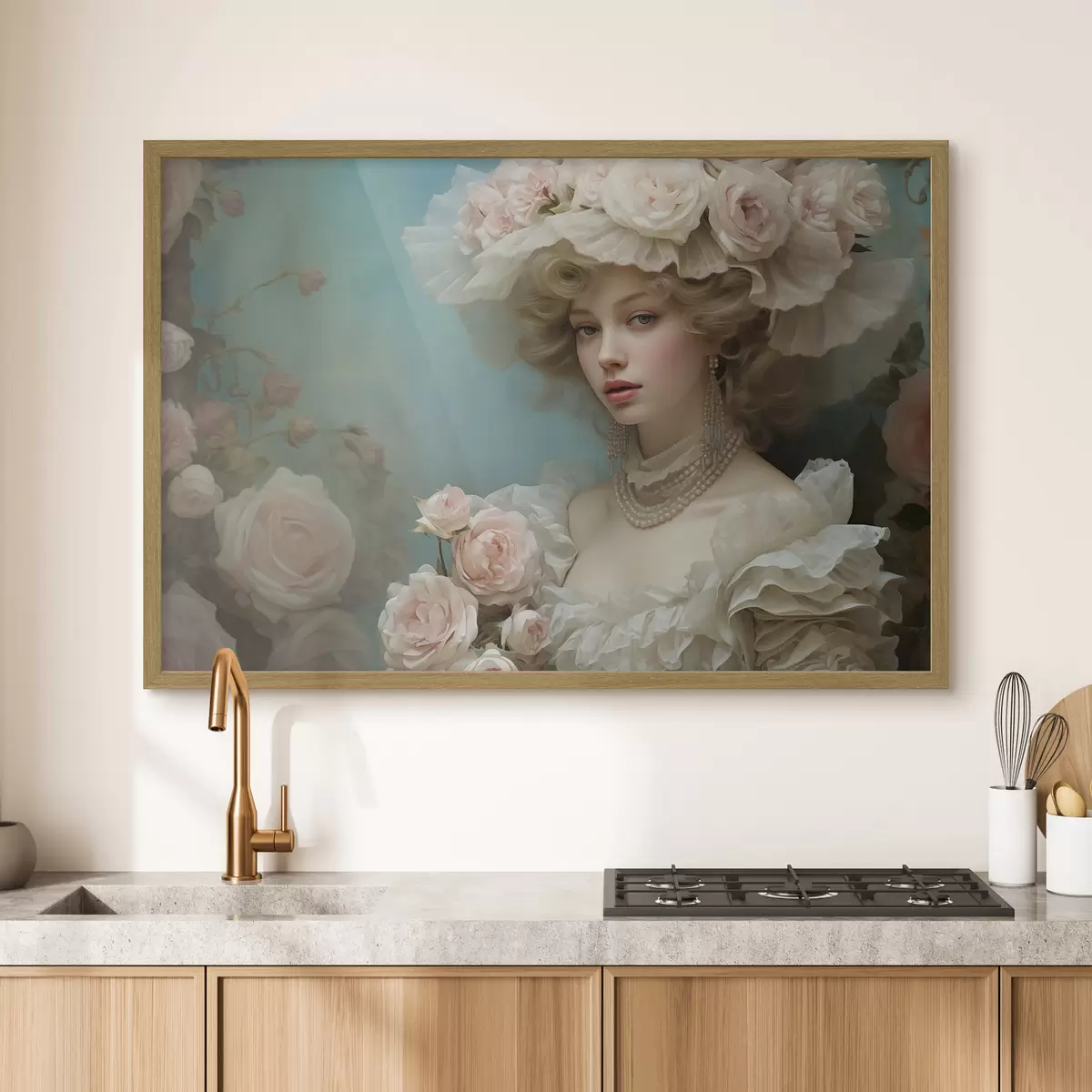 Plakat Elegancka dama w kapeluszu z kwiatami w artystycznym stylu f44944