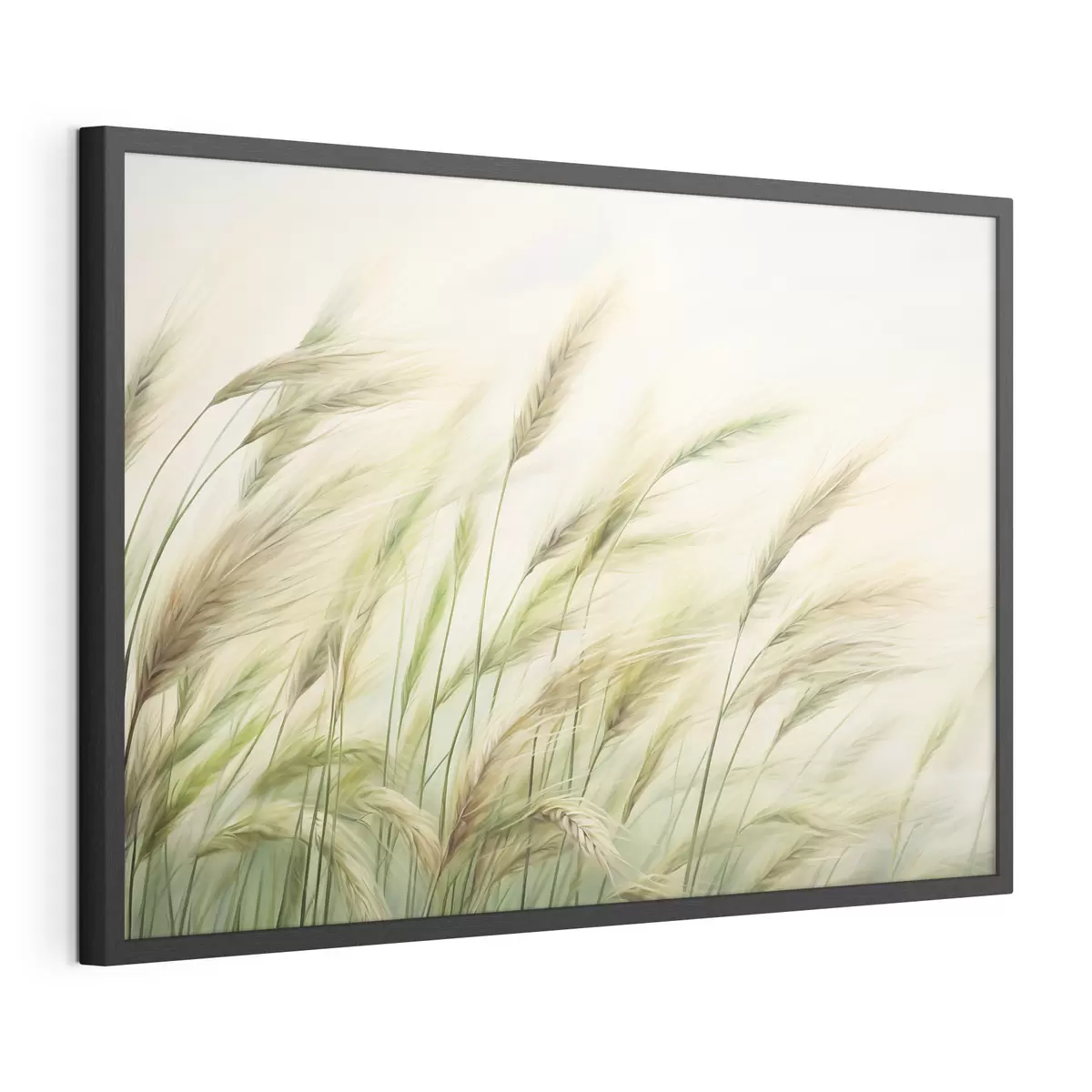 Plakat Pole pszenicy z żółtymi i zielonymi kłosami zboża, miękkie pociągnięcia pędzla i jasna paleta kolorów, naturalna atmosfera f44923