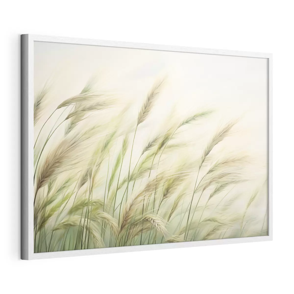 Plakat Pole pszenicy z żółtymi i zielonymi kłosami zboża, miękkie pociągnięcia pędzla i jasna paleta kolorów, naturalna atmosfera f44923