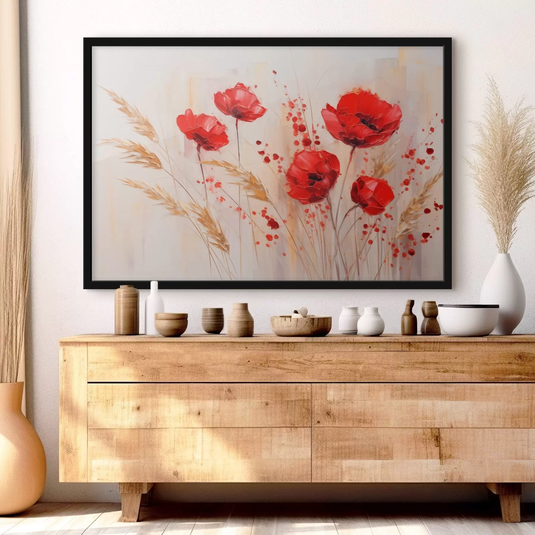 Fototapeta Czerwone kwiaty maku z żółtymi źdźbłami pszenicy, na miękkim, neutralnym tle z czerwonymi plamami farby f44926