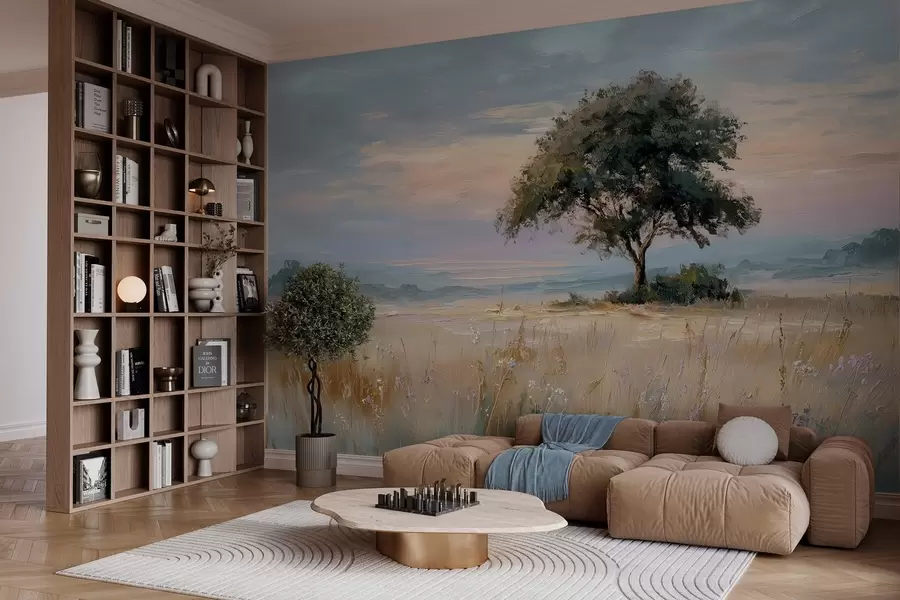 Fototapeta drzewo na środku pola w stylu malarstwa olejnego w04206