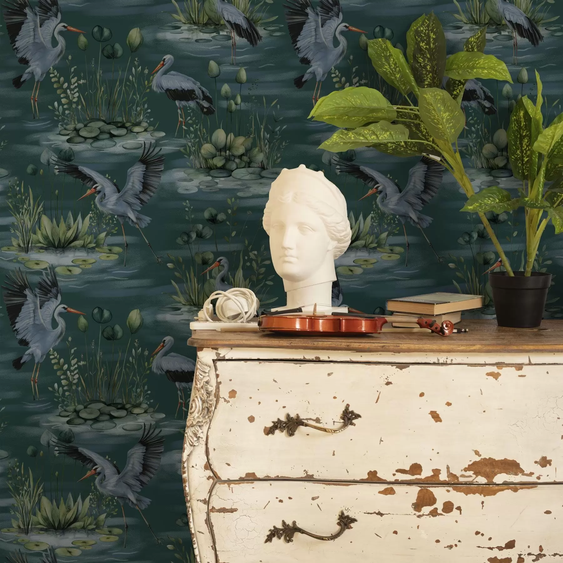 Fototapeta Sceny z czaplami na tle stawów i lilii wodnych a00202