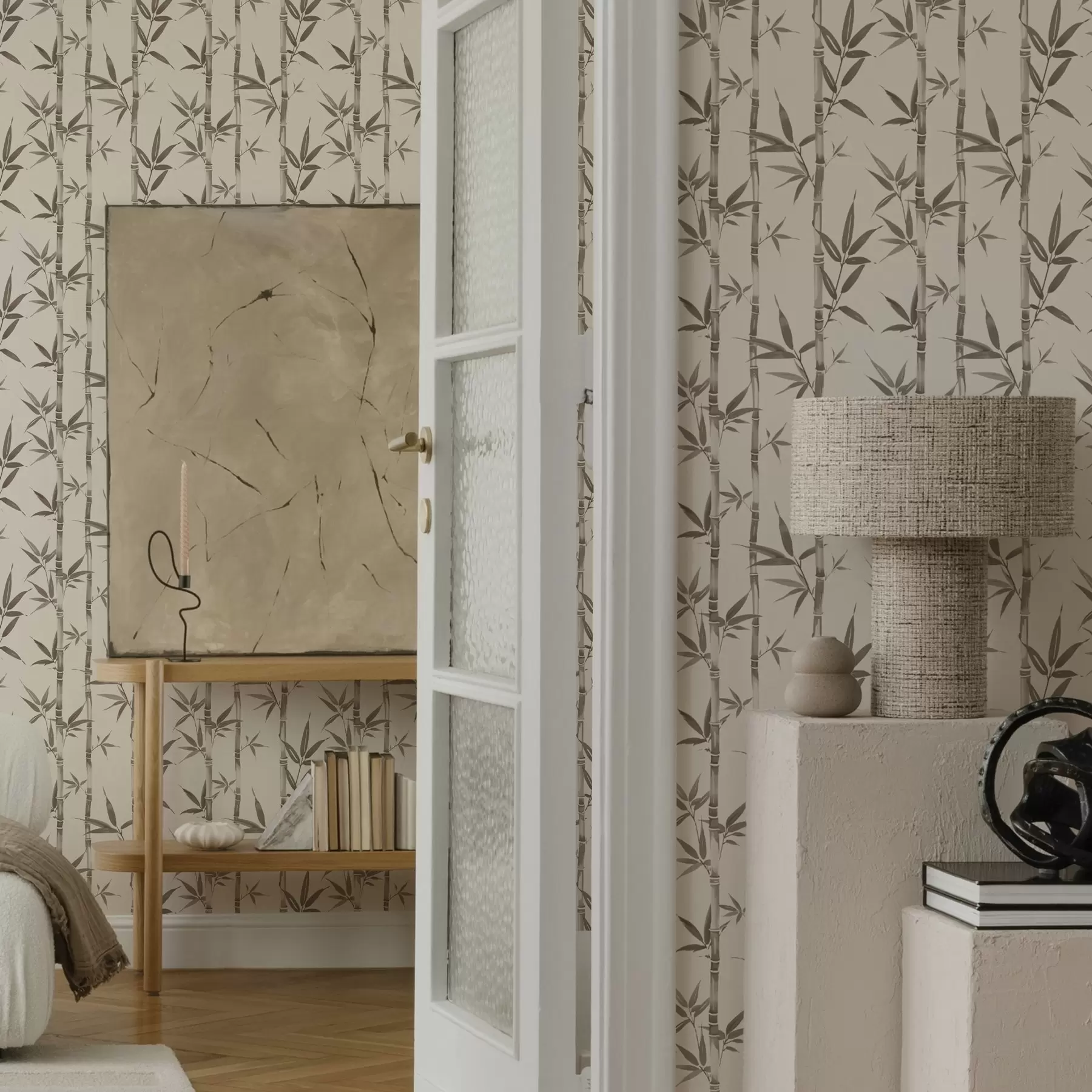 Fototapeta Beżowy wzór bambusa z liśćmi w japońskim stylu a00236