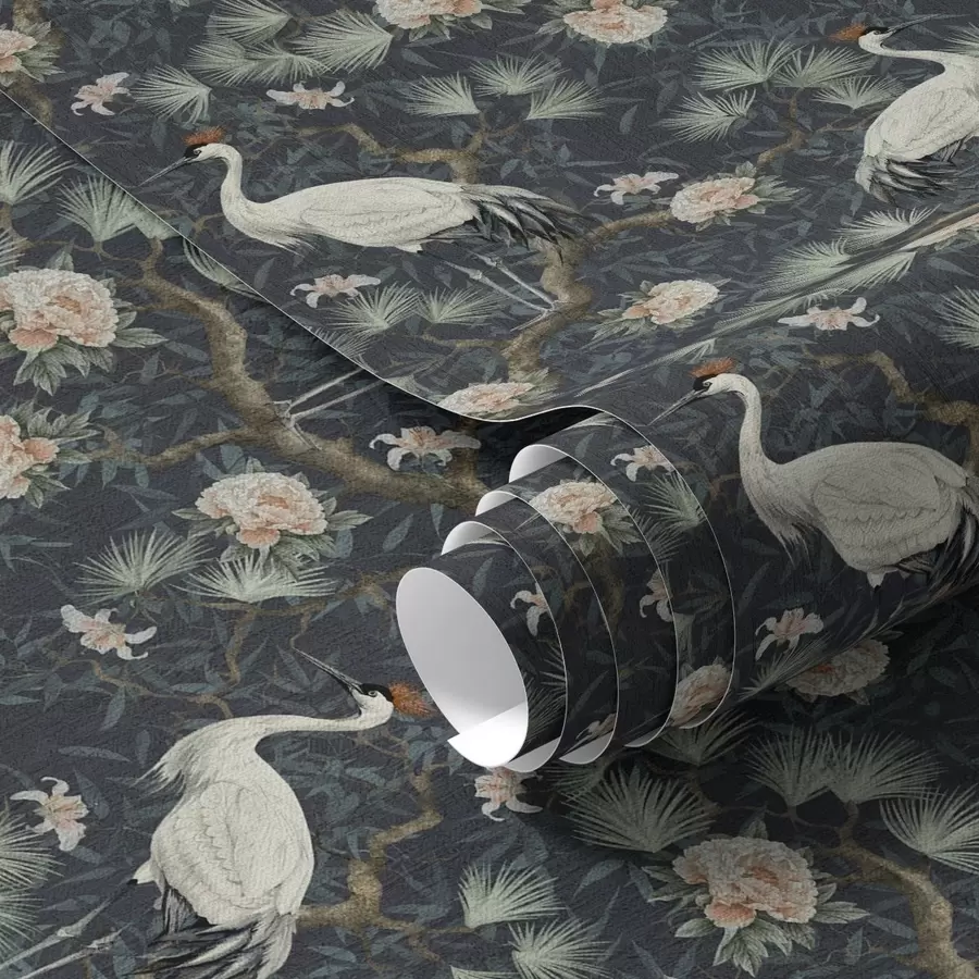 Fototapeta Żurawie wśród sosen i piwonii na ciemnym tle a00241