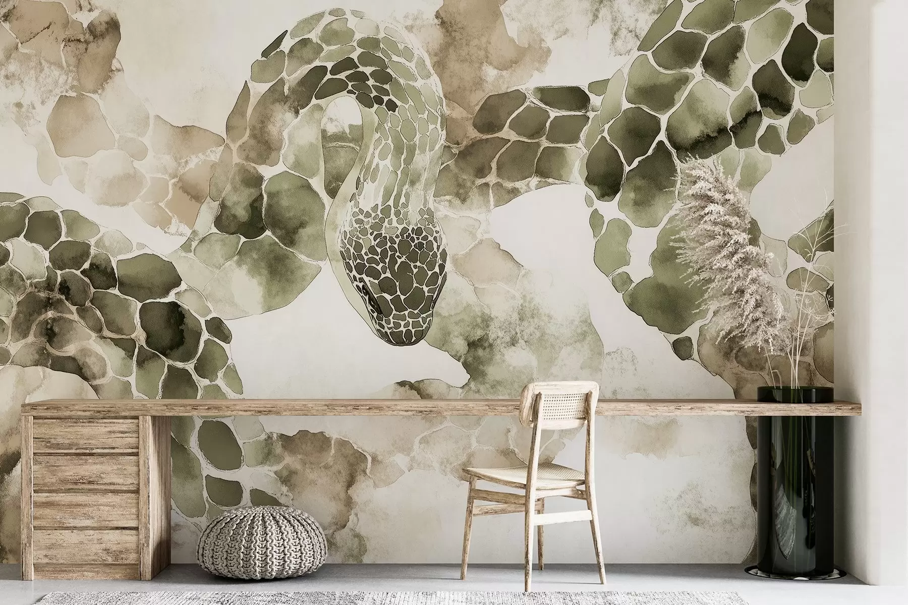 Fototapeta Sylwetka węża, styl akwareli, oliwkowe kolory w04113v3