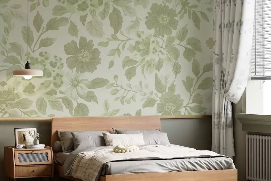 Fototapeta Kwiaty w stylu boho z nadrukiem lamparta, kolor zielony w04114v2