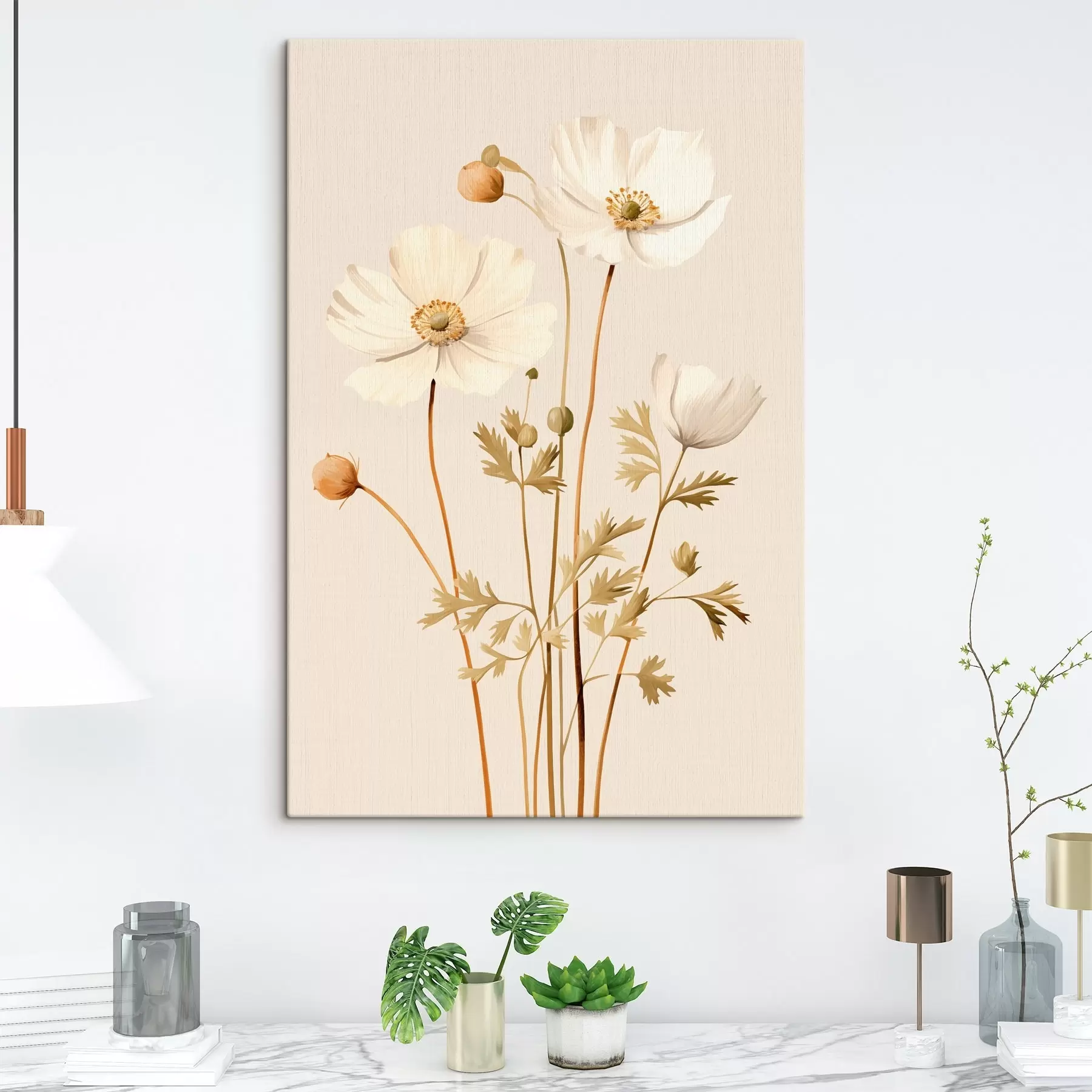 Obraz kwiat, botaniczny, beżowe tło, miękkie tony, płatki, roślina, vintage, minimalistyczny s45099