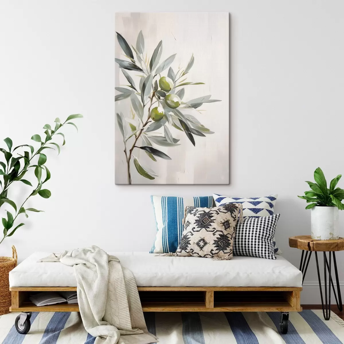 Obraz gałązka oliwna, zielone owoce, stonowane odcienie, liście, minimalistyczny, naturalny, obraz olejny, botaniczny s45109