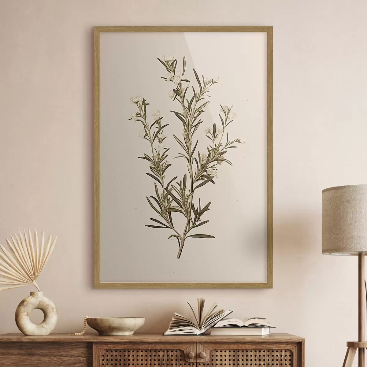 Plakat botaniczny, gałąź, beżowe tło, zioło, minimalny, roślina, zielone liście, łodyga f45098