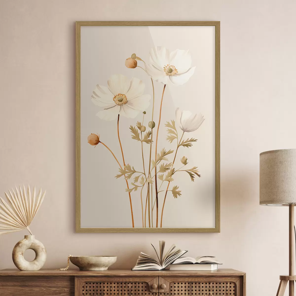Plakat kwiat, botaniczny, beżowe tło, miękkie tony, płatki, roślina, vintage, minimalistyczny f45099