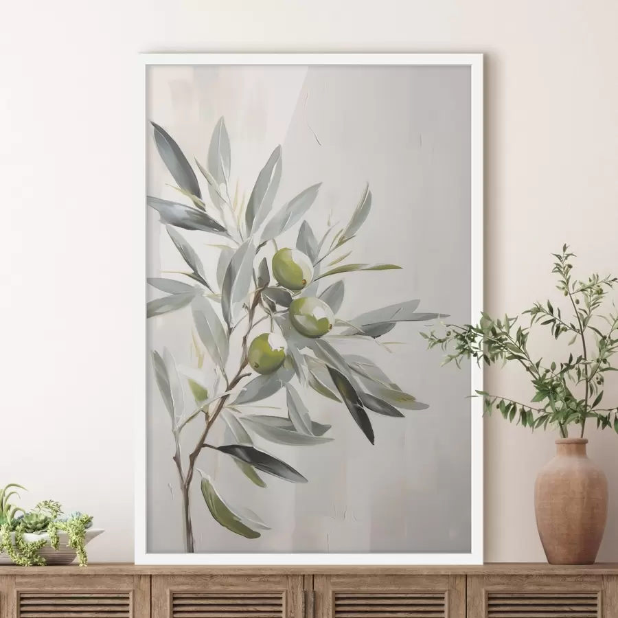 Fototapeta gałązka oliwna, zielone owoce, stonowane odcienie, liście, minimalistyczny, naturalny, obraz olejny, botaniczny f45109