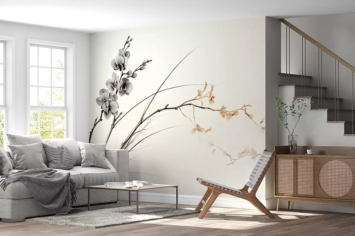 Fototapeta Minimalistyczna gałązka orchidei w delikatnych odcieniach sepii i szarości w09250