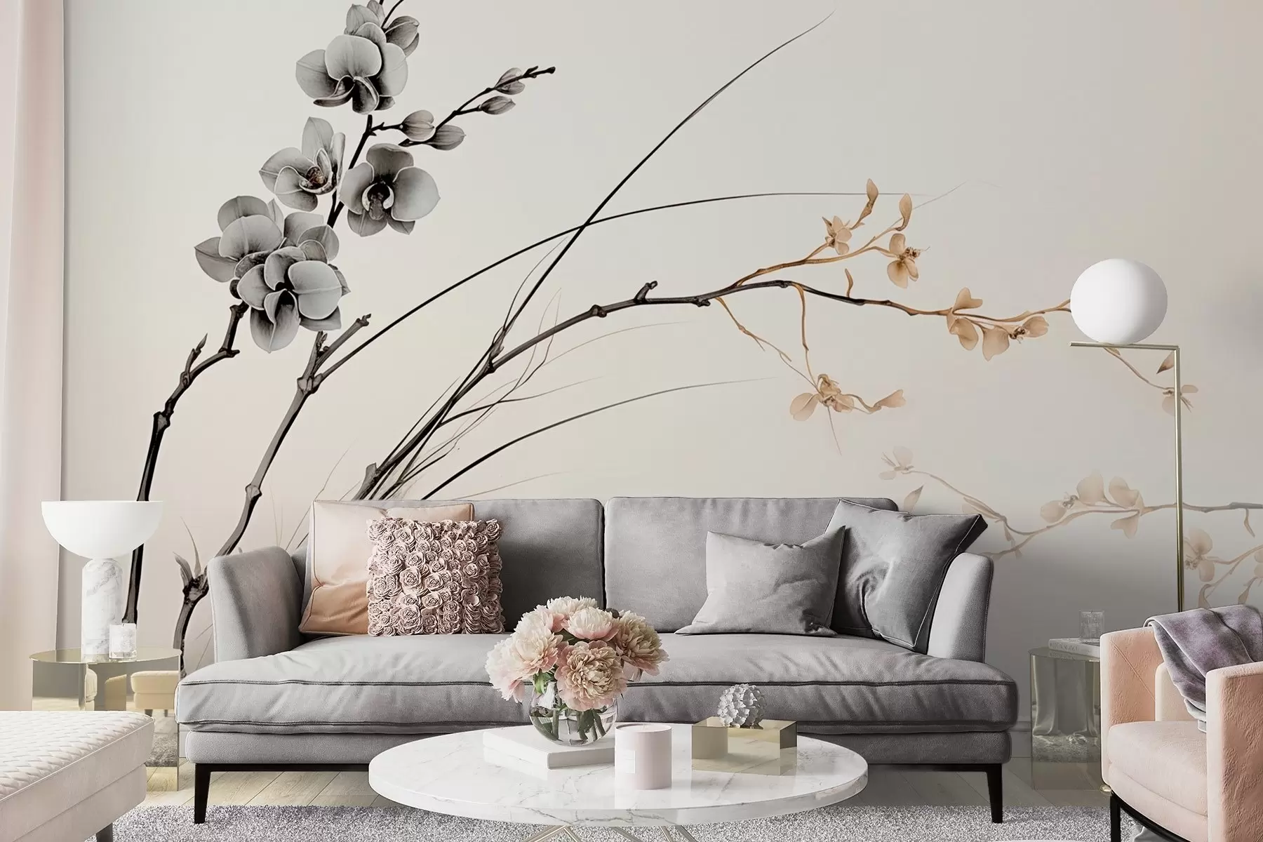 Fototapeta Minimalistyczna gałązka orchidei w delikatnych odcieniach sepii i szarości w09250