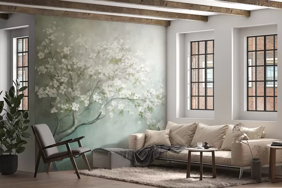 Fototapeta Kwitnące drzewo z białymi kwiatami w pełnym rozkwicie, na ziarnistym, hałaśliwym, teksturowanym tle o stonowanym niebieskim i zielonym kolorze w09261