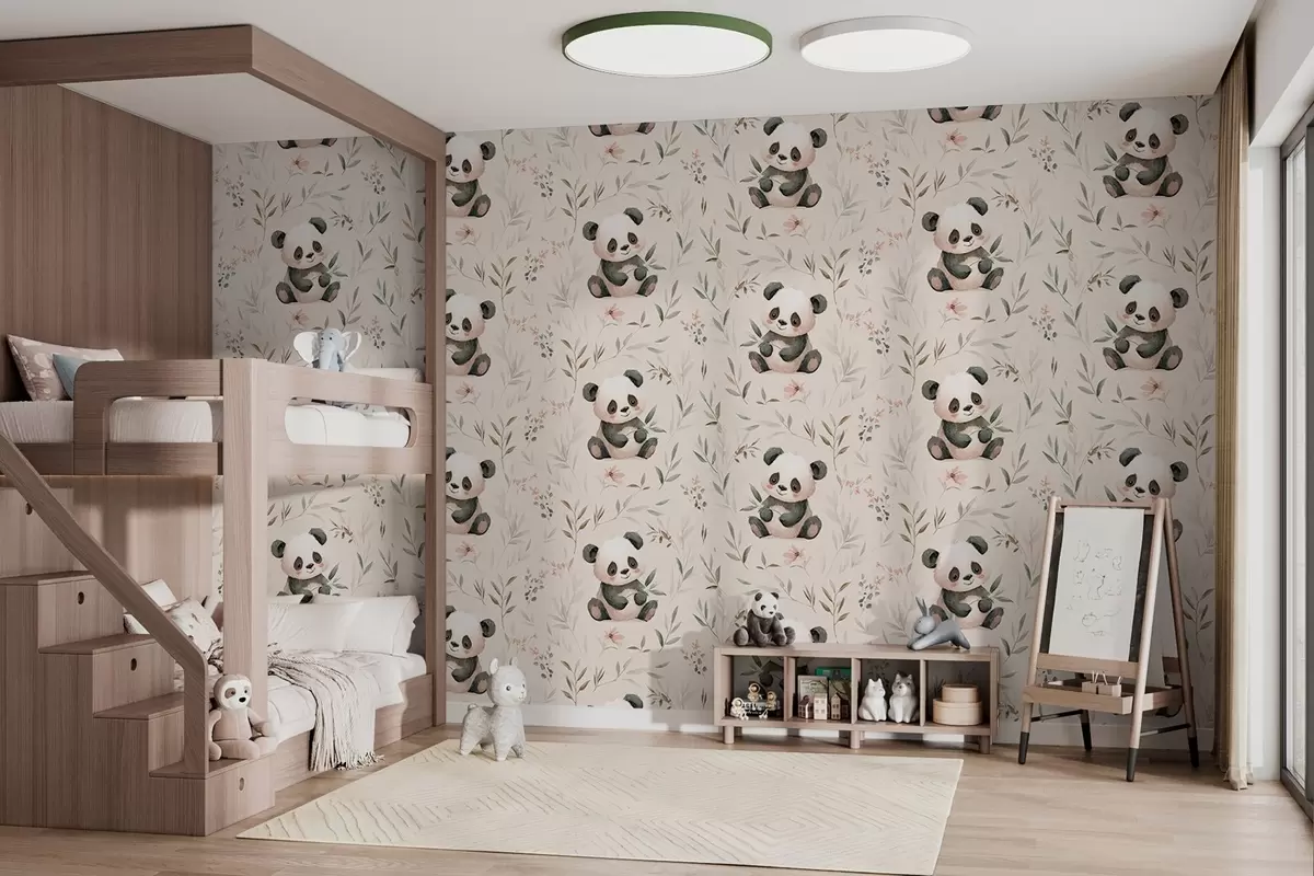 Fototapeta urocze pandy w stylu dziecka wśród roślin w04170