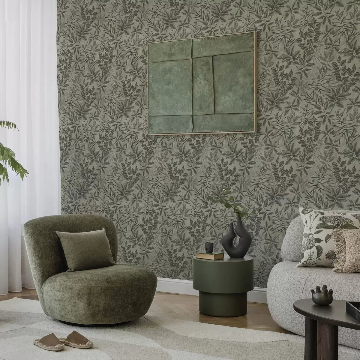 Tapeta Szare tropikalne liście o różnych kształtach na tle w stylu vintage a00297