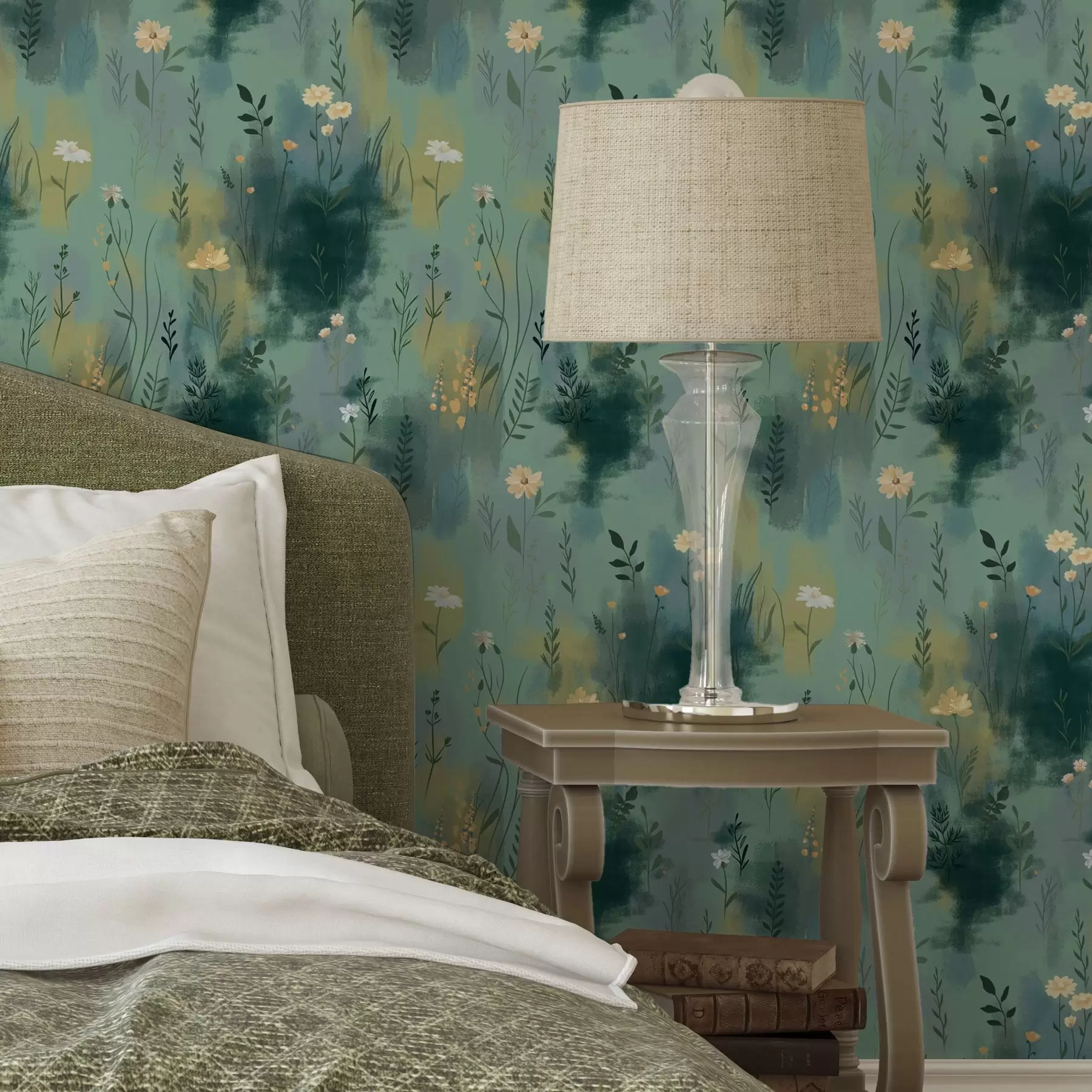 Fototapeta Akwarelowa abstrakcja z kwiatami na zielonym tle a00312