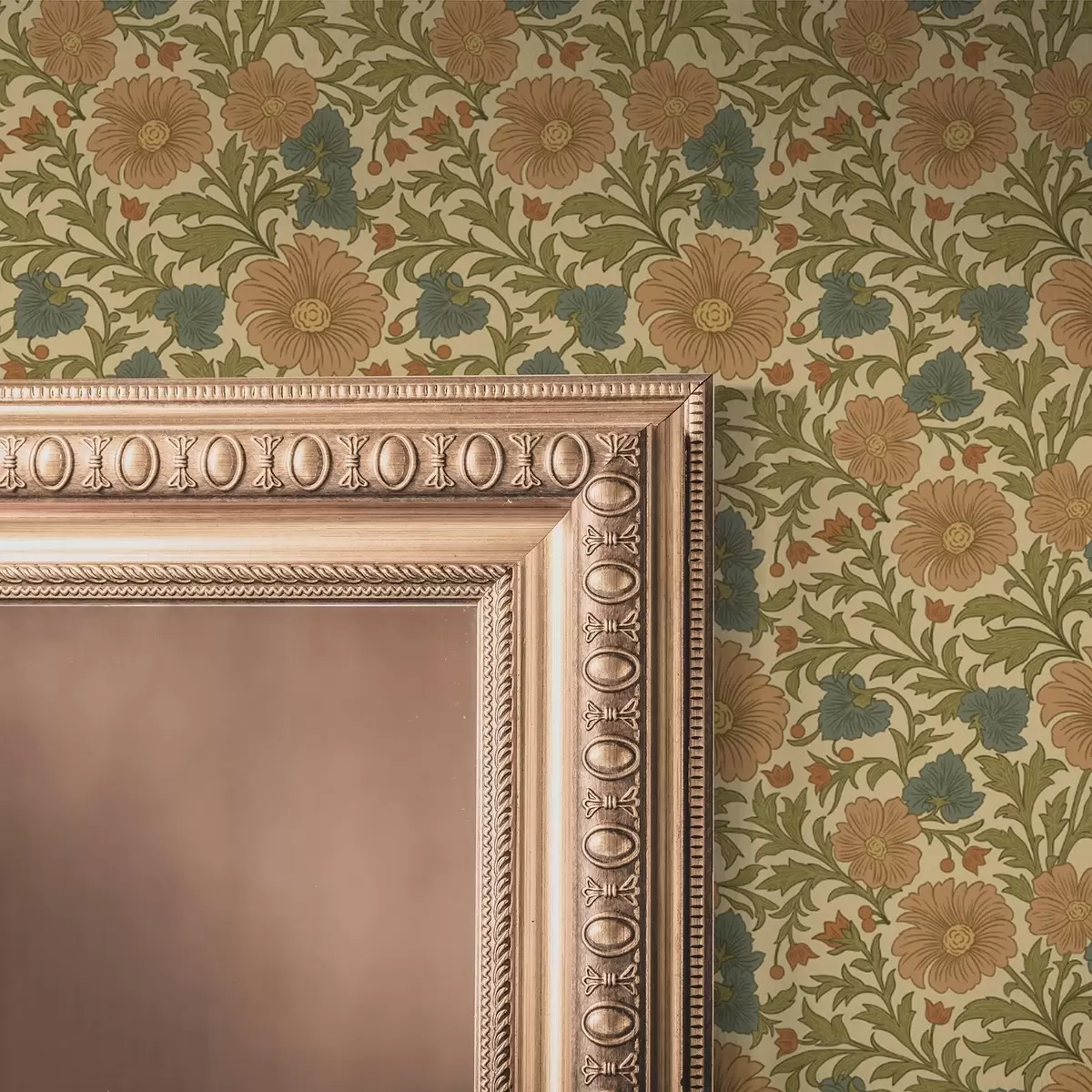 Tapeta Pomarańczowe kwiaty z liśćmi w stylu Art Nouveau a00409