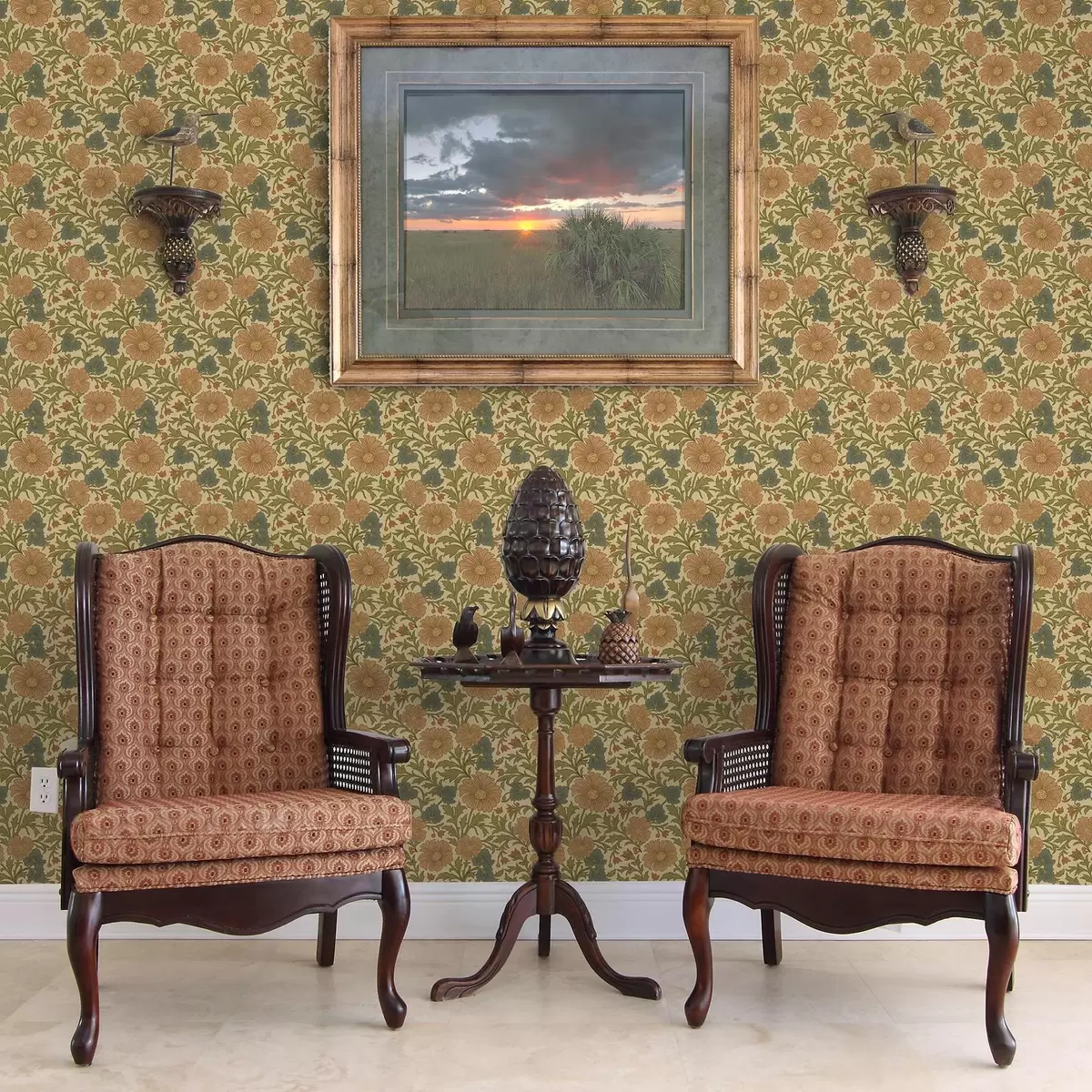 Tapeta Pomarańczowe kwiaty z liśćmi w stylu Art Nouveau a00409