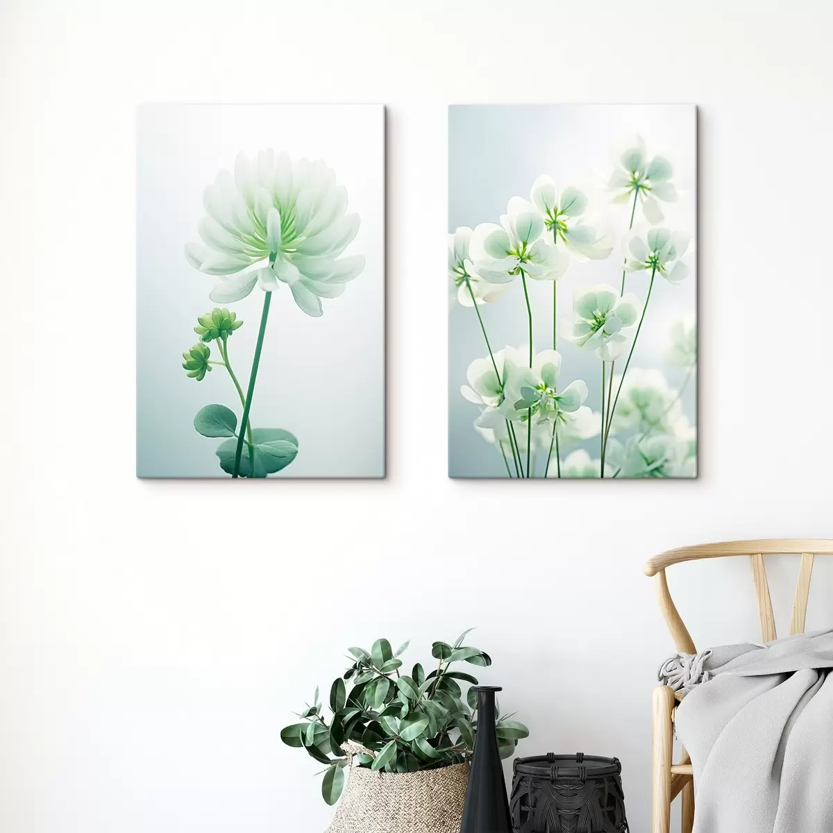 Obraz Białe kwiaty koniczyny z zieloną łodygą i liśćmi, miękkie oświetlenie, czyste tło, minimalistyczna kompozycja, botaniczne m00520