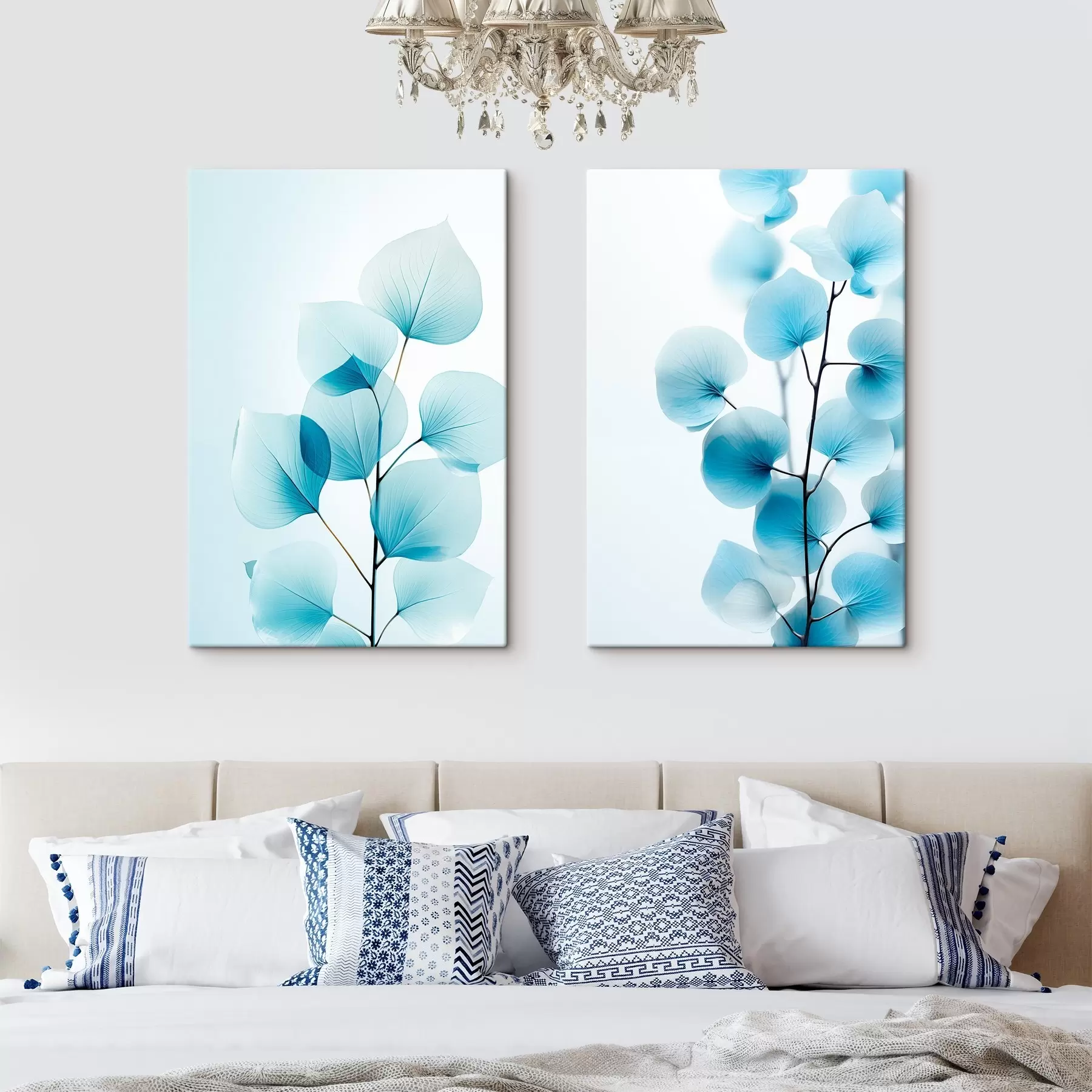 Obraz Gałązka z półprzezroczystymi niebieskimi liśćmi, widoczne delikatne żyłki, lekka i spokojna kompozycja, minimalistyczna estetyka m00522
