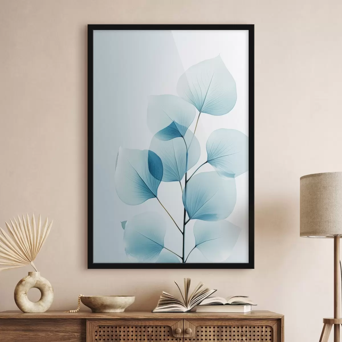 Plakat Gałązka z półprzezroczystymi niebieskimi liśćmi, widoczne delikatne żyłki, lekka i spokojna kompozycja, minimalistyczna estetyka f45175