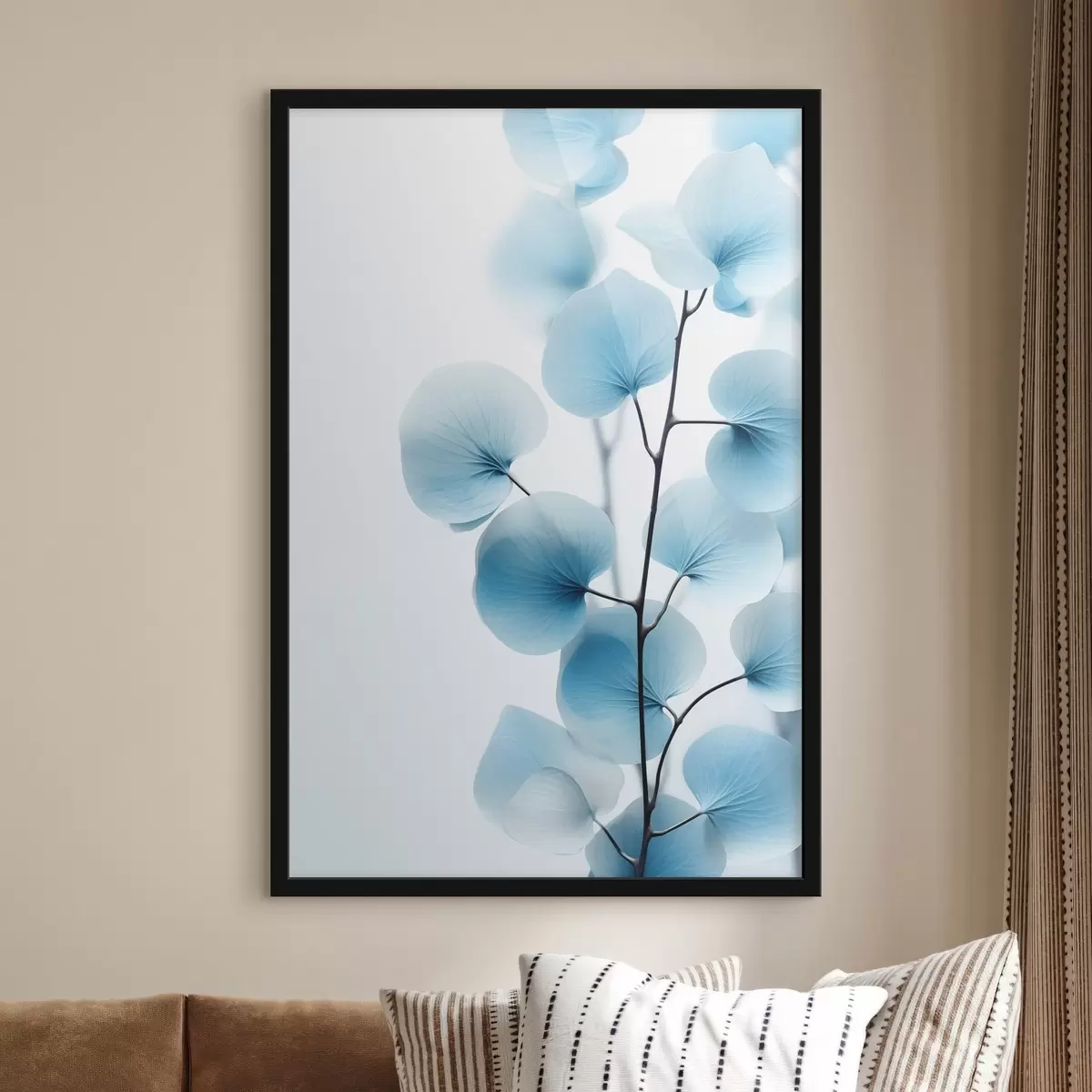 Plakat Gałązka z półprzezroczystymi niebieskimi liśćmi, widoczne delikatne żyłki, lekka i spokojna kompozycja, minimalistyczna estetyka f45176