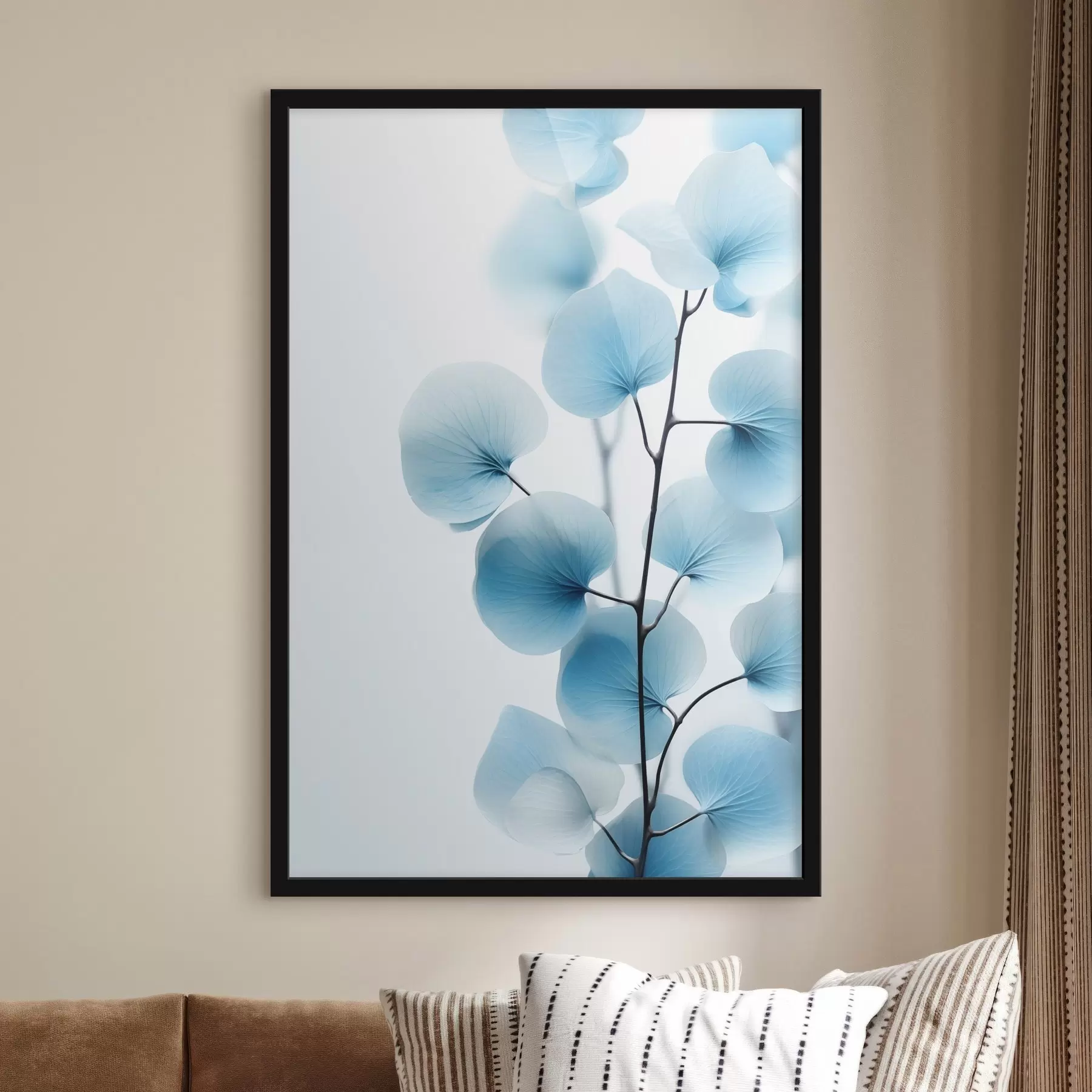 Fototapeta Gałązka z półprzezroczystymi niebieskimi liśćmi, widoczne delikatne żyłki, lekka i spokojna kompozycja, minimalistyczna estetyka f45176