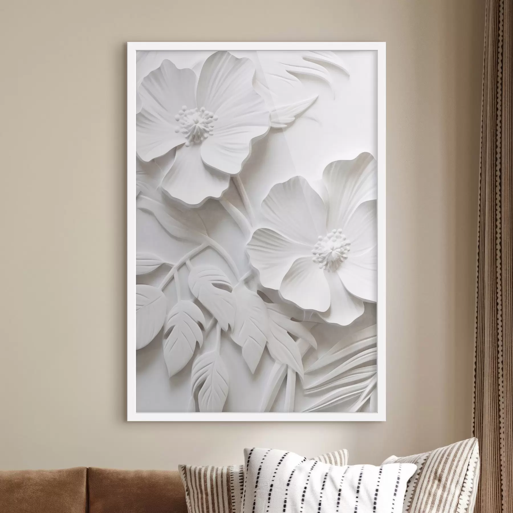 Fototapeta Dekoracyjne minimalistyczne białe kwiaty z liśćmi, imitacja płaskorzeźby, białe tło f45179