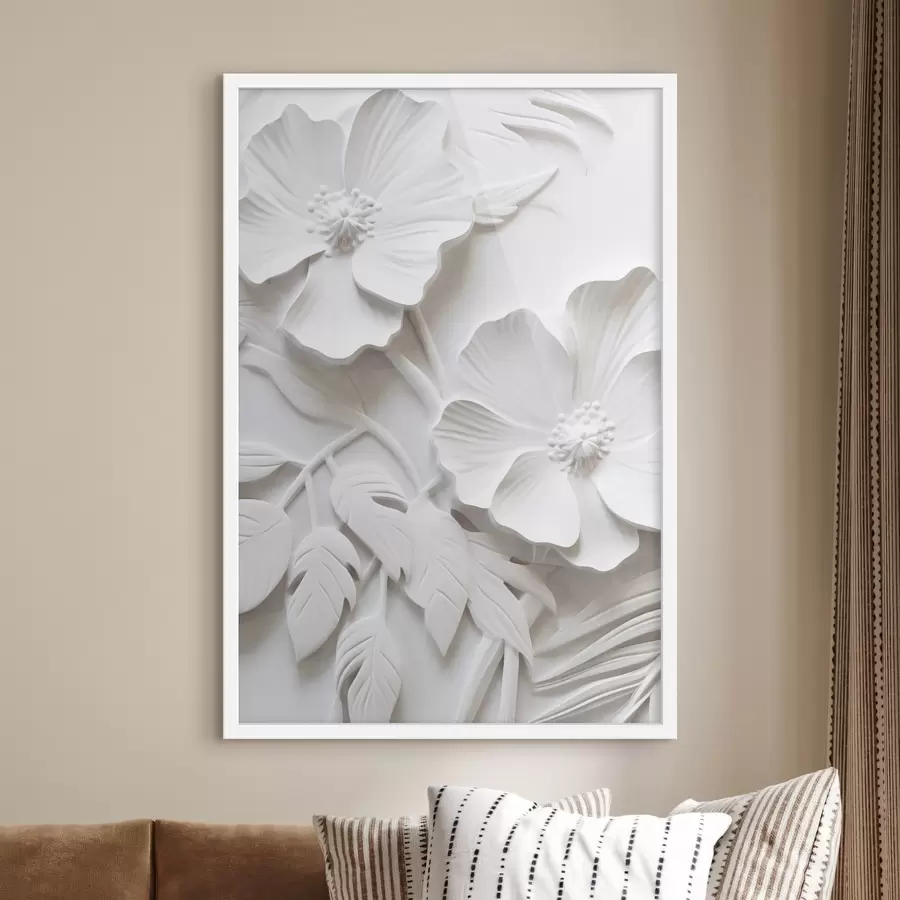 Fototapeta Dekoracyjne minimalistyczne białe kwiaty z liśćmi, imitacja płaskorzeźby, białe tło f45179