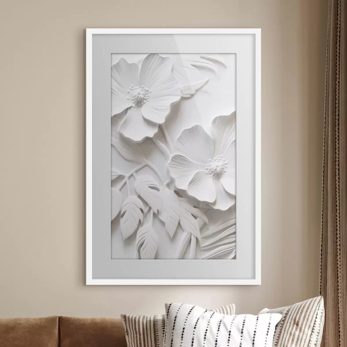 Plakat Dekoracyjne minimalistyczne białe kwiaty z liśćmi, imitacja płaskorzeźby, białe tło f45179
