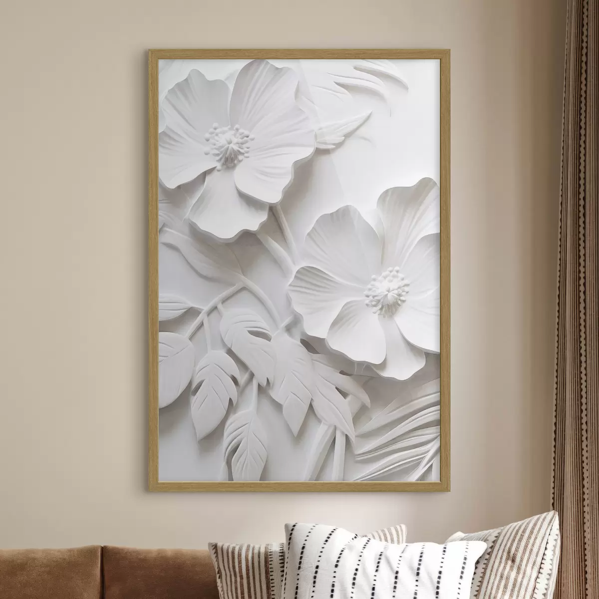 Plakat Dekoracyjne minimalistyczne białe kwiaty z liśćmi, imitacja płaskorzeźby, białe tło f45179