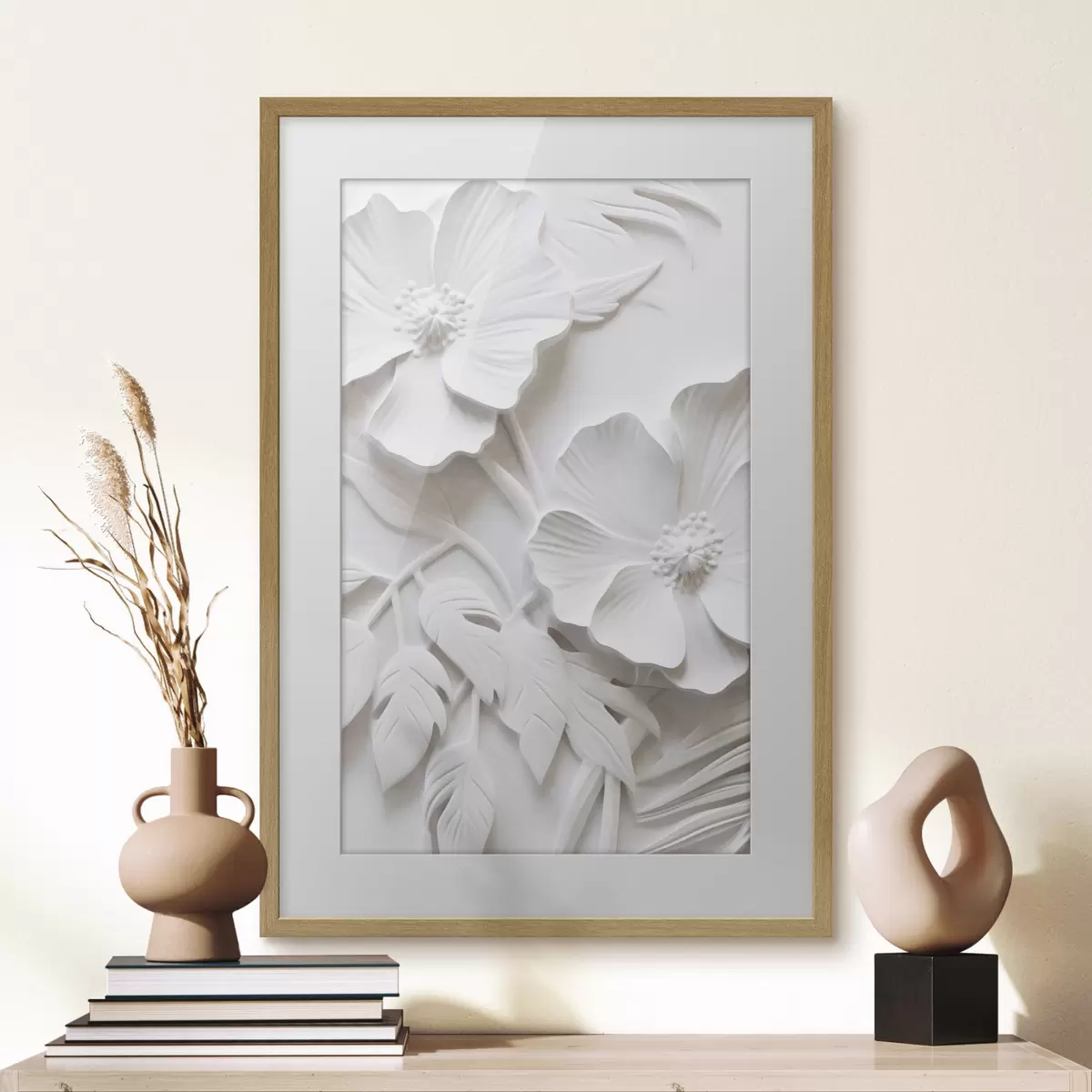 Plakat Dekoracyjne minimalistyczne białe kwiaty z liśćmi, imitacja płaskorzeźby, białe tło f45179