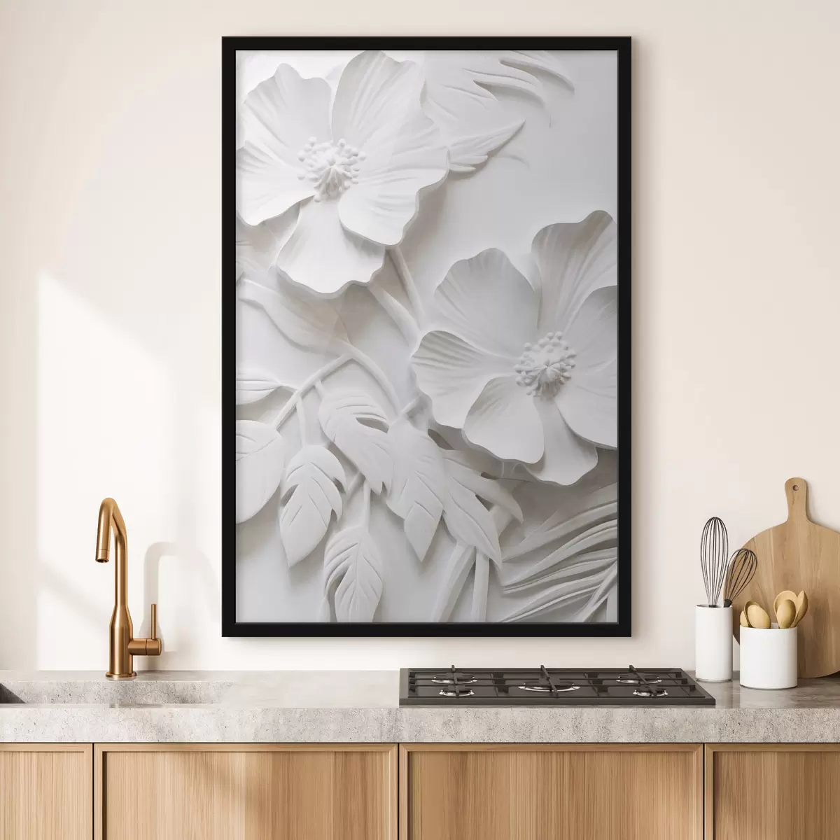 Plakat Dekoracyjne minimalistyczne białe kwiaty z liśćmi, imitacja płaskorzeźby, białe tło f45179
