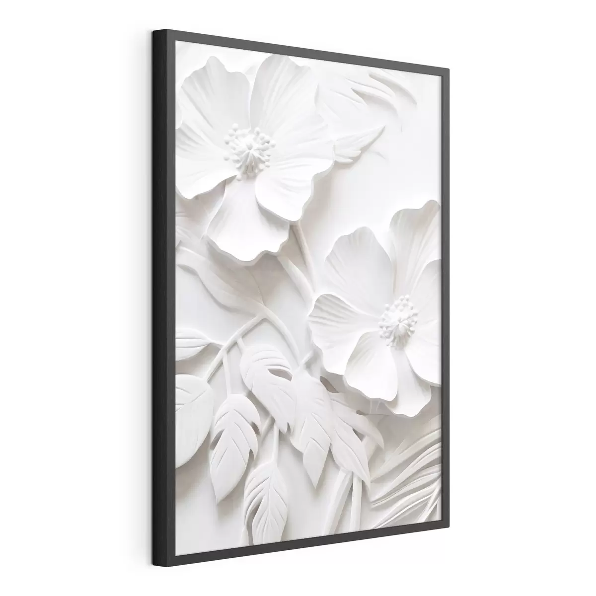 Plakat Dekoracyjne minimalistyczne białe kwiaty z liśćmi, imitacja płaskorzeźby, białe tło f45179