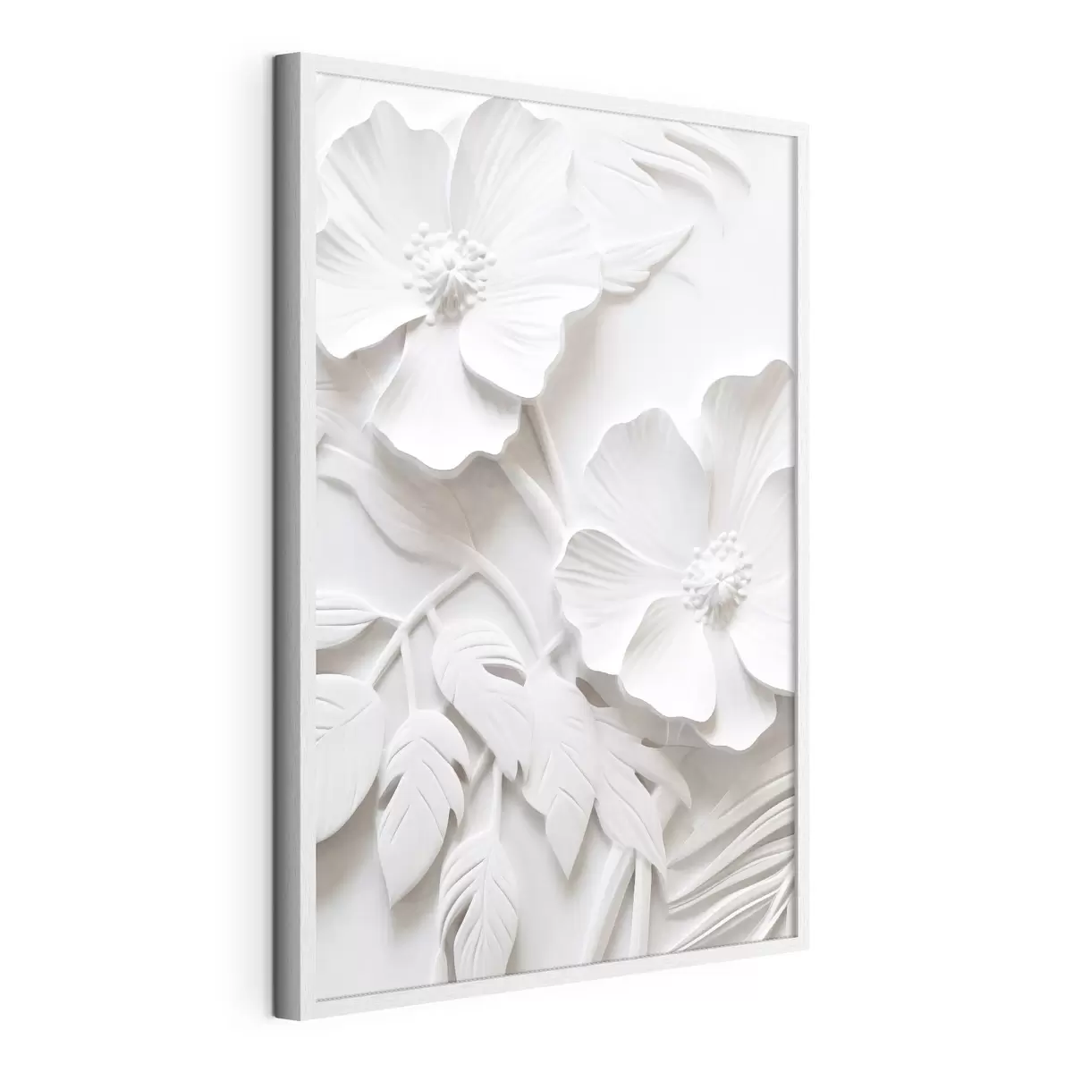 Plakat Dekoracyjne minimalistyczne białe kwiaty z liśćmi, imitacja płaskorzeźby, białe tło f45179