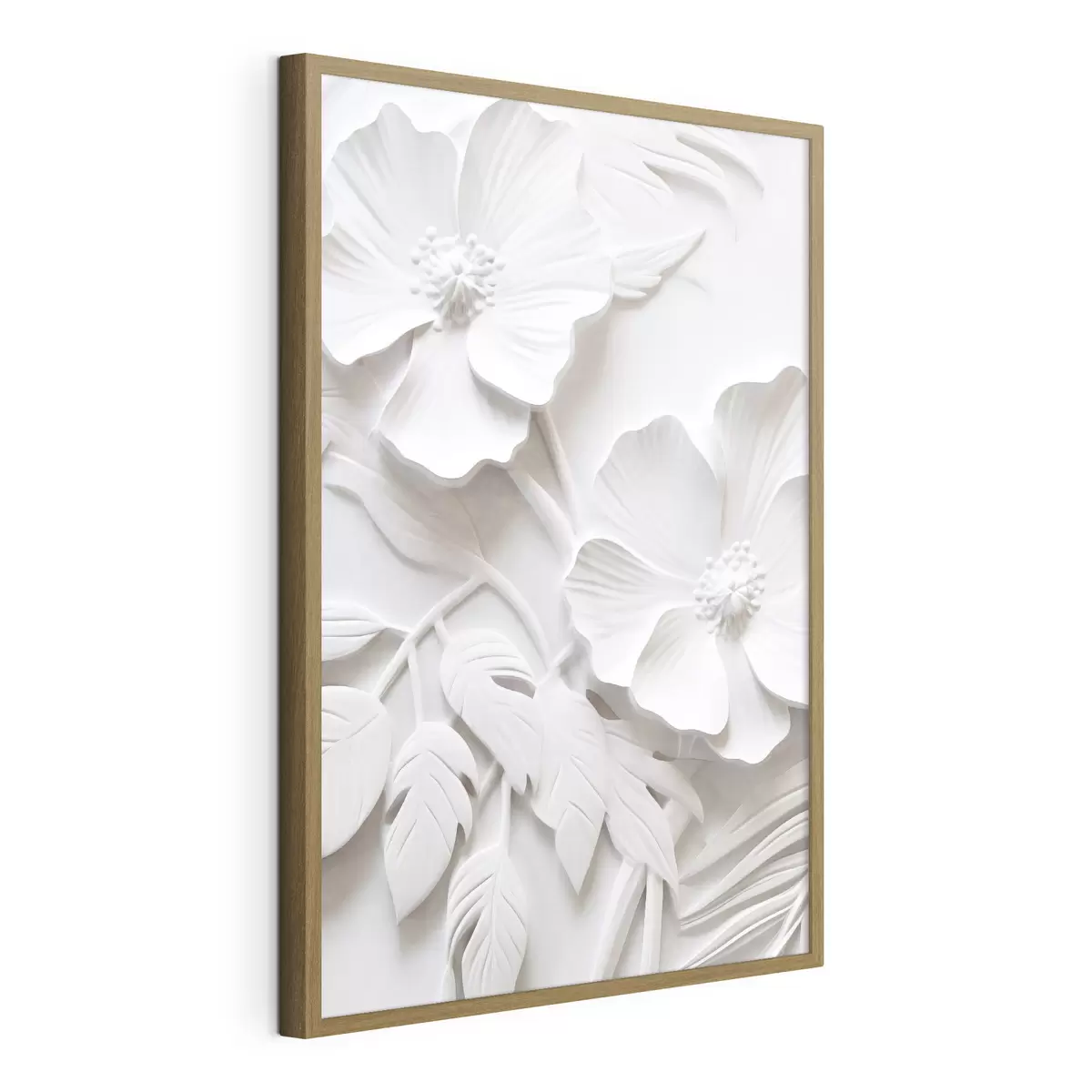 Plakat Dekoracyjne minimalistyczne białe kwiaty z liśćmi, imitacja płaskorzeźby, białe tło f45179