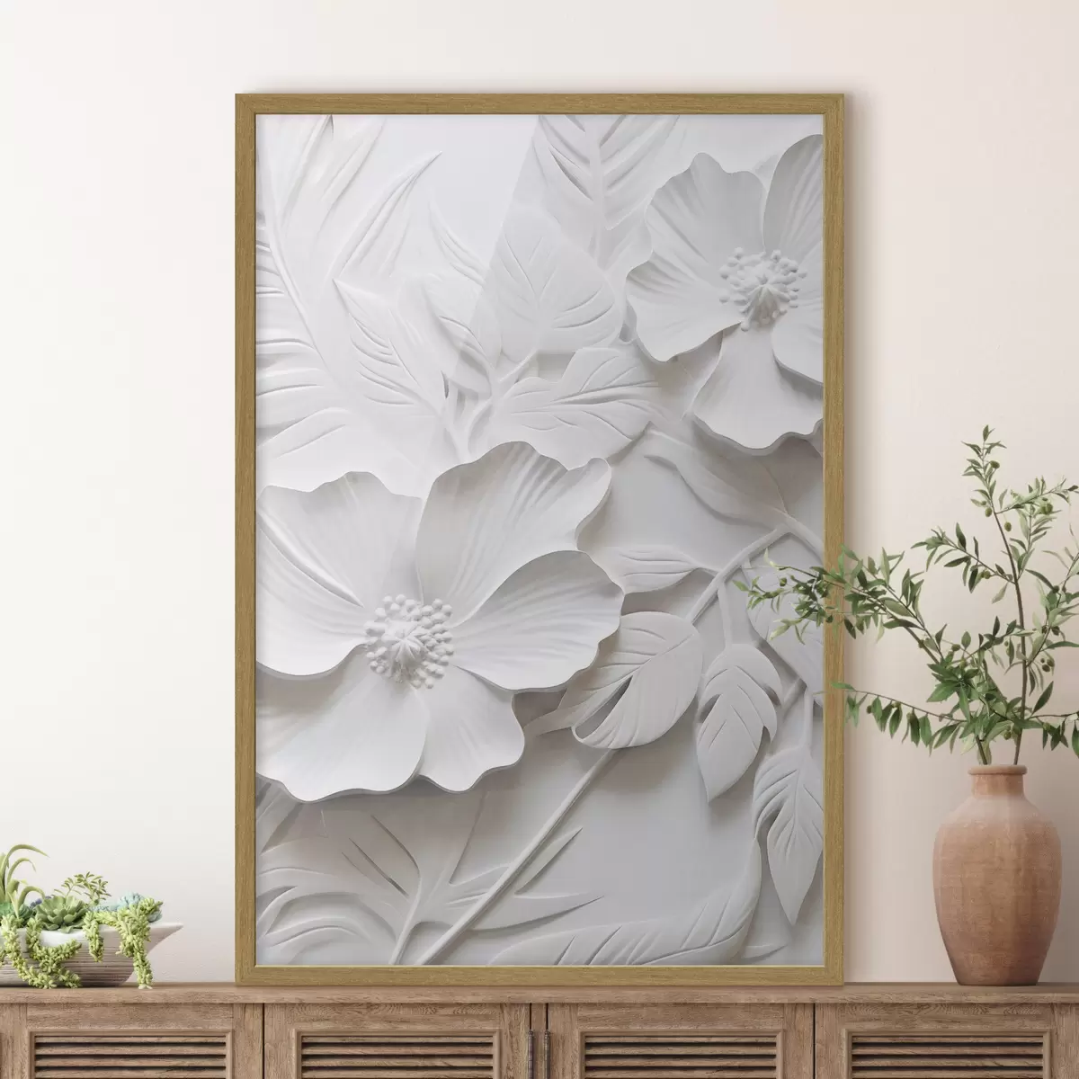Plakat Dekoracyjne minimalistyczne białe kwiaty z liśćmi, imitacja płaskorzeźby, białe tło f45180