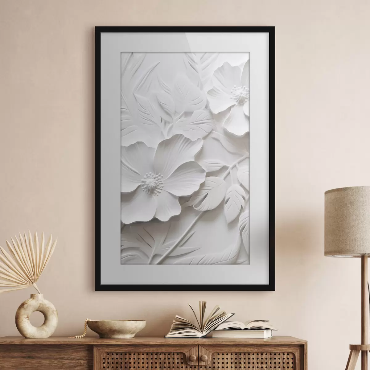 Plakat Dekoracyjne minimalistyczne białe kwiaty z liśćmi, imitacja płaskorzeźby, białe tło f45180