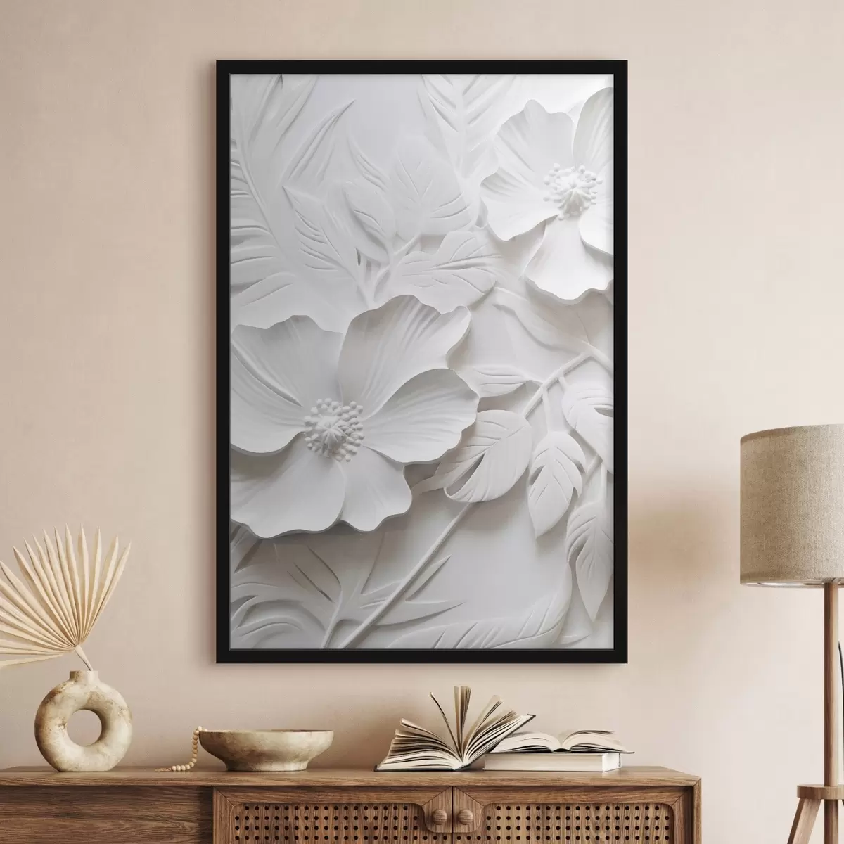 Plakat Dekoracyjne minimalistyczne białe kwiaty z liśćmi, imitacja płaskorzeźby, białe tło f45180