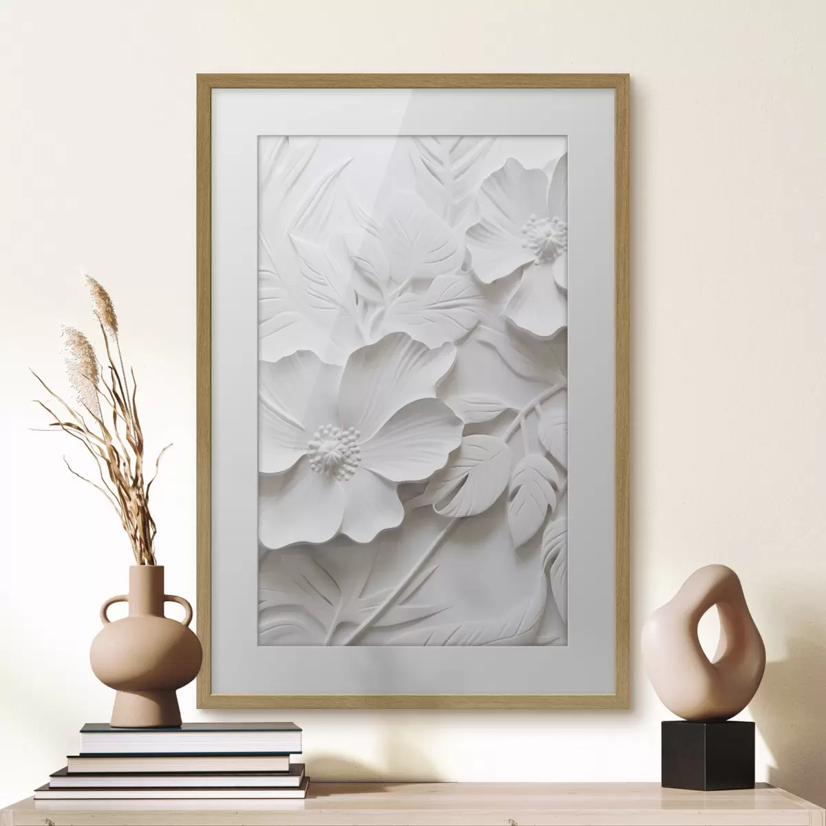 Plakat Dekoracyjne minimalistyczne białe kwiaty z liśćmi, imitacja płaskorzeźby, białe tło f45180