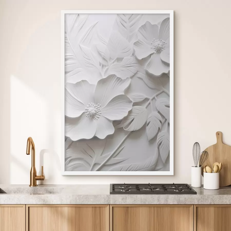 Fototapeta Dekoracyjne minimalistyczne białe kwiaty z liśćmi, imitacja płaskorzeźby, białe tło f45180