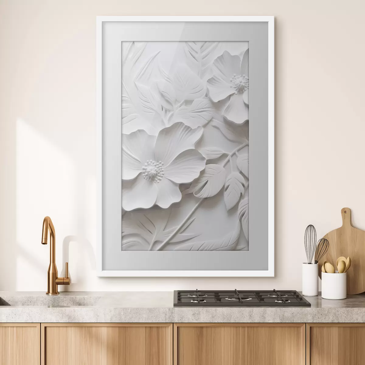 Plakat Dekoracyjne minimalistyczne białe kwiaty z liśćmi, imitacja płaskorzeźby, białe tło f45180