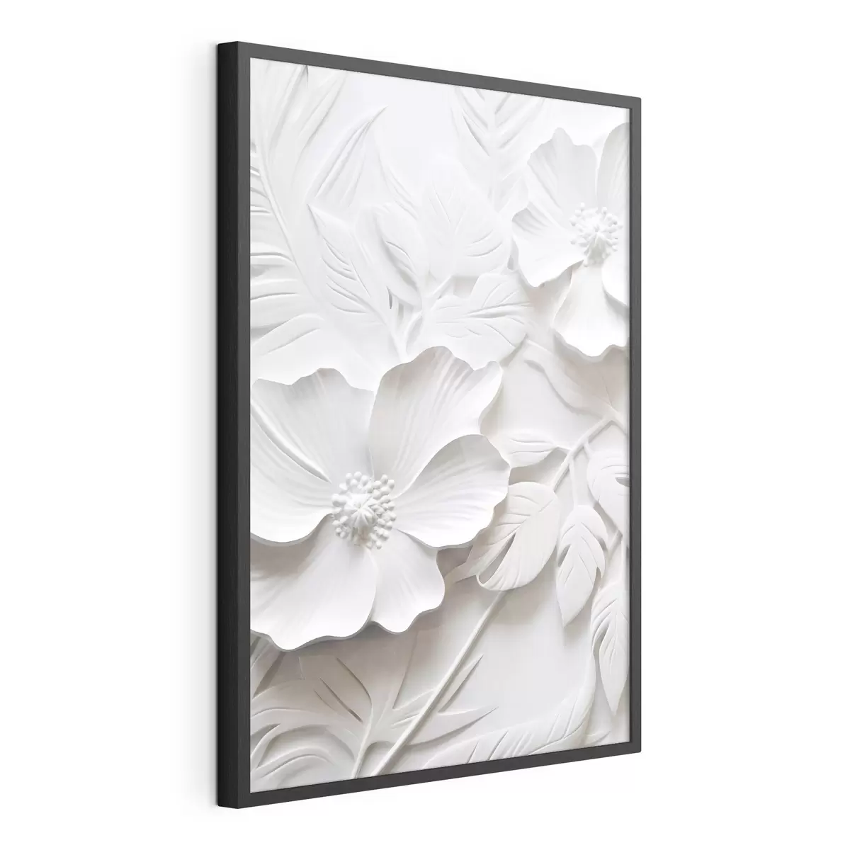 Plakat Dekoracyjne minimalistyczne białe kwiaty z liśćmi, imitacja płaskorzeźby, białe tło f45180