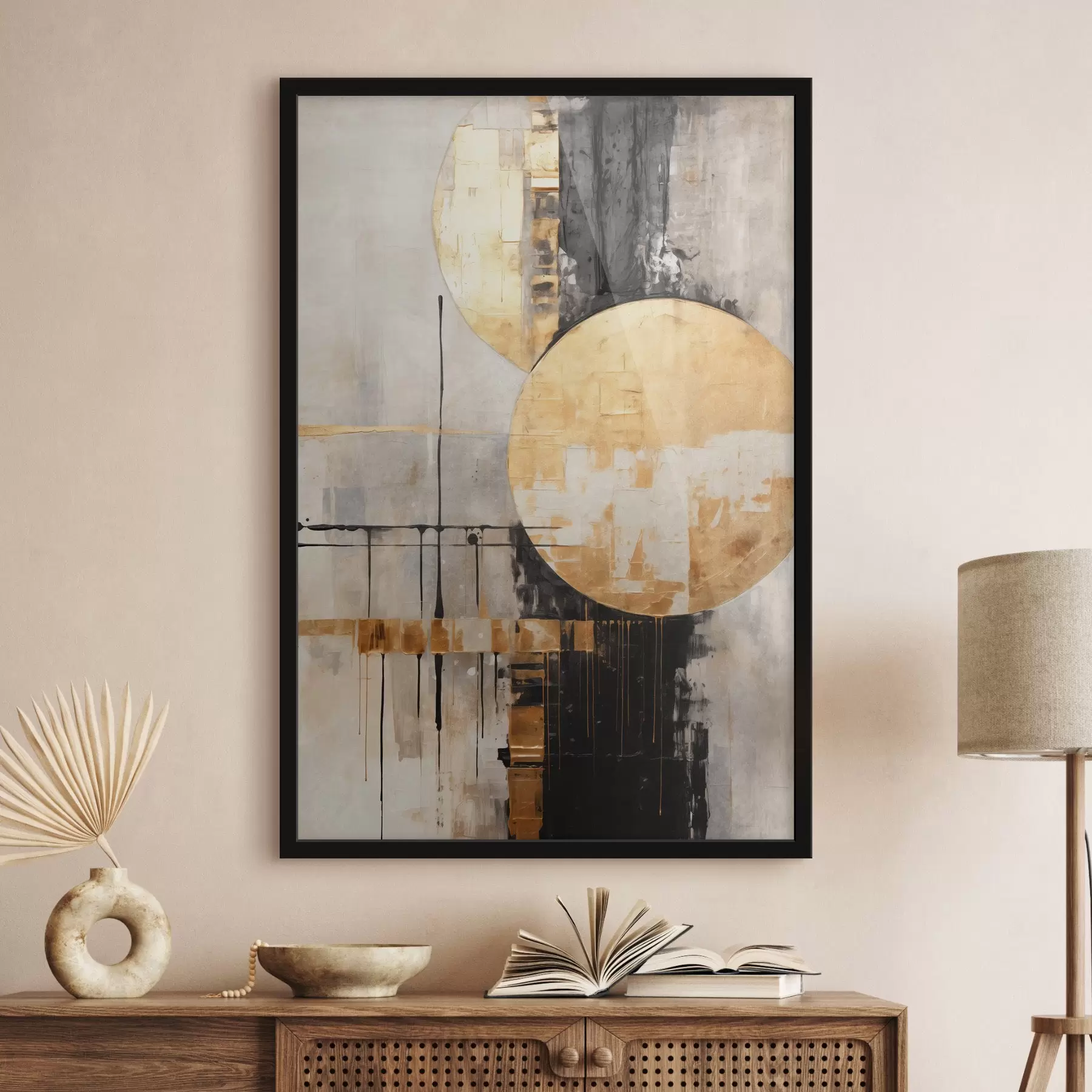 Fototapeta Abstrakcyjny obraz z okręgami, czarnymi i żółtymi liniami oraz tłem w odcieniach szarości i bieli f45185