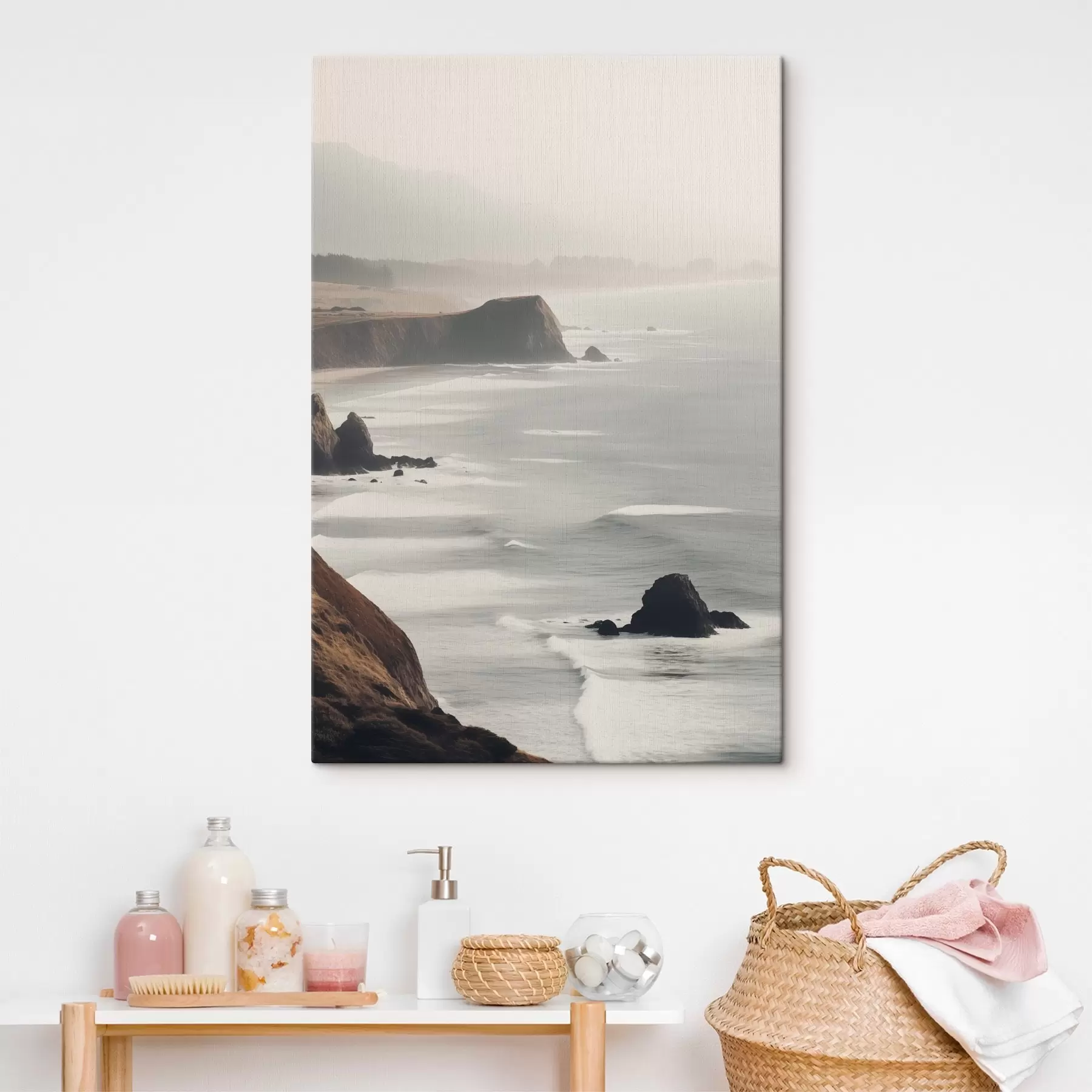 Obraz Skaliste klify i wybrzeże morskie, fale rozbijające się o brzeg, krajobraz z nastrojową atmosferą, ziemiste odcienie s45194